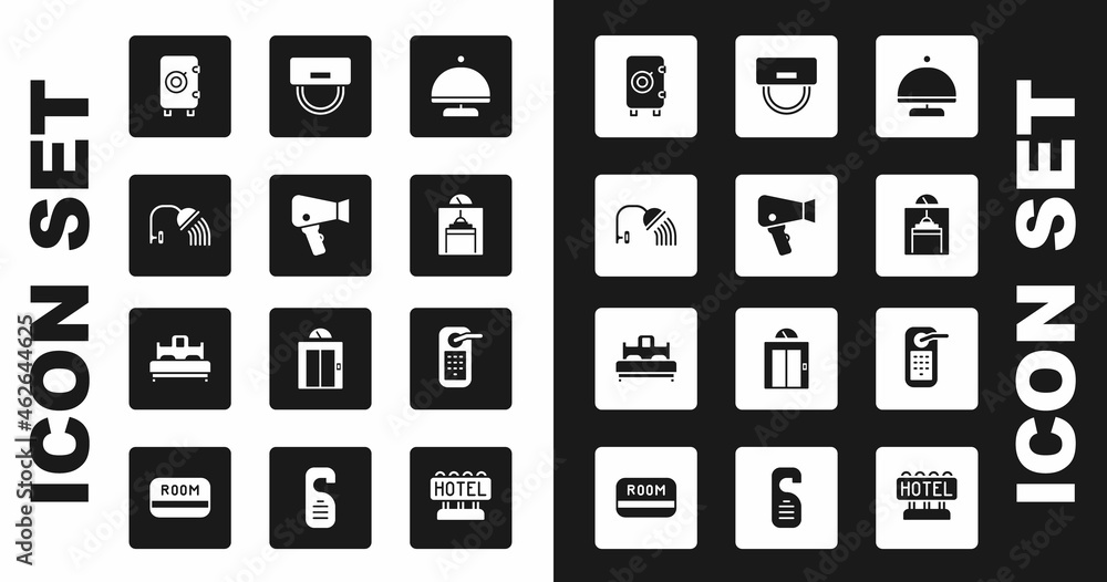 Set Covered with tray, Hair dryer, Shower head, Safe, Lift, Bellboy hat, Digital door lock and Bedroom icon. Vector Set Covered with tray, Hair dryer, Shower head, Safe, Lift, Bellboy hat, Digital door lock and Bedroom icon. Vector