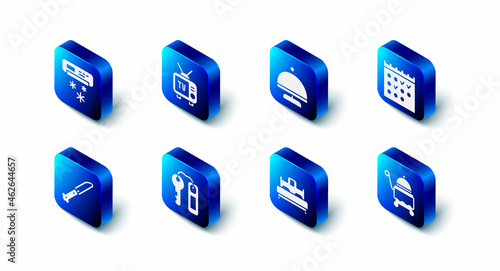 Set Retro tv, Covered with tray, Hotel booking calendar, Bedroom, door lock key, Knife and Air conditioner icon. Vector