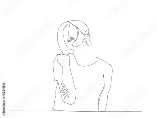 ambitious determined talented woman who achieves success clenches her fist and teeth. drawing single line female concept.