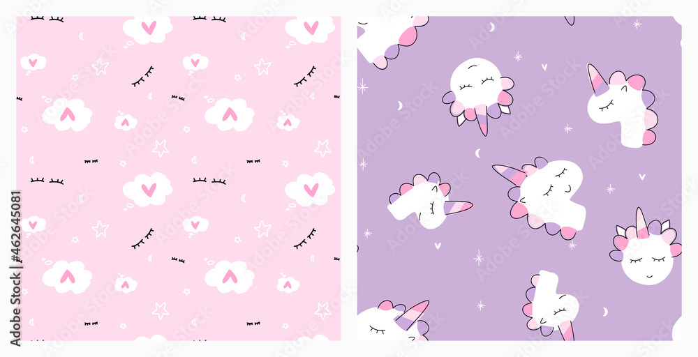 Cute sleeping unicorn and love think bubble repeat background. Non directional seamless pattern set in pastel purple and pink colours for the girl's pajama, bedding textile or fabric. Cute sleeping unicorn and love think bubble repeat background. Non directional seamless pattern set in pastel purple and pink colours for the girl's pajama, bedding textile or fabric.