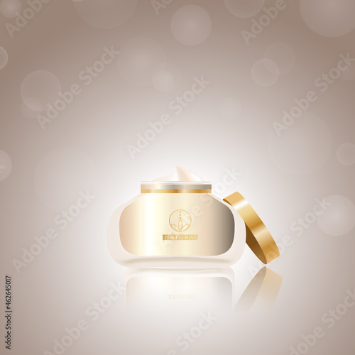 Cosmetic hand cream isolated on background. For ads, placard and cover. Hand cream for marketing and advert. Skincream bottle. 3D realistic container template with open lid. Vector illustration photo