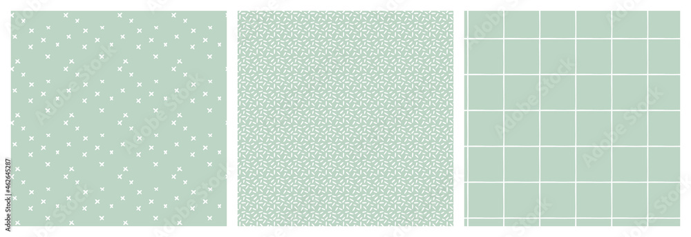 Fototapeta premium Simple minimalist two colours seamless pattern set. Abstract check grid of horizontal and vertical lines, spots and cross marks. Coordinating different scale vector repeating designs. 