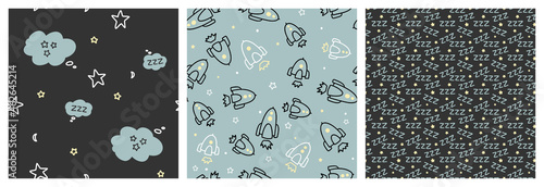 Cosmic, spaceship seamless pattern set for boy pajama clothing or bedding textile. Cute vector not directional designs with clouds, think bubble and sleep sound graphic.