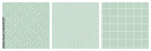 Simple minimalist two colours seamless pattern set. Abstract check grid of horizontal and vertical lines, spots and cross marks. Coordinating different scale vector repeating designs. 