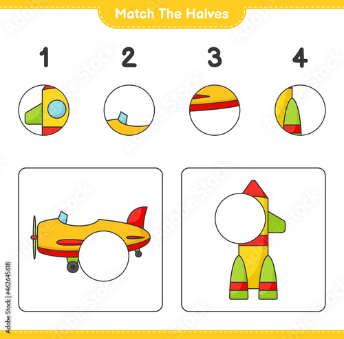 Match the halves. Match halves of Plane and Rocket. Educational children game, printable worksheet, vector illustration