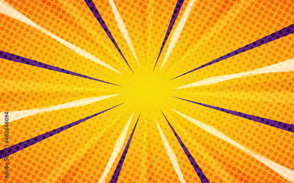 Obraz premium Pop up halftone texture yellow comic book starburst rays retro orange backgrounds comic style
