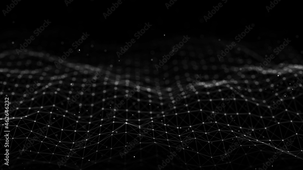 Wave of particles. Digital wave background concept. Abstract technology background. Big data visualization. 3D rendering.