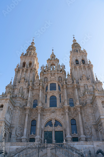Facade of the cathedral of Santiago de Compostela on a beautiful day of blue sky
