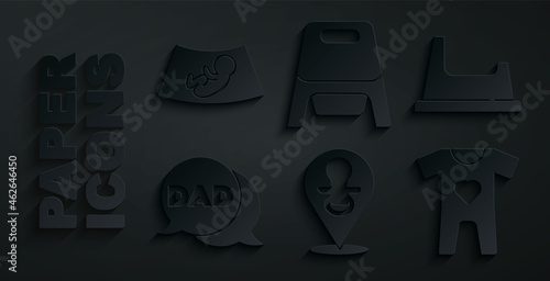Set Baby dummy pacifier, potty, Speech bubble dad, clothes, and Ultrasound of baby icon. Vector