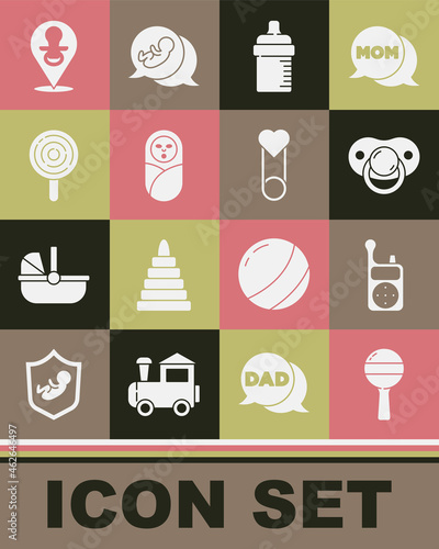 Set Rattle baby toy, Baby Monitor Walkie Talkie, dummy pacifier, bottle, Newborn infant swaddled, Lollipop, and clothes pin icon. Vector