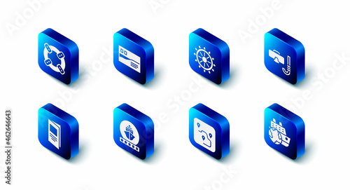Set Postcard travel, Ship steering wheel, Diving mask and snorkel, Cruise ship, Route location, Brochure and Lifebuoy icon. Vector