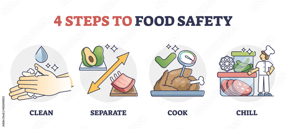 HACCP Food safety steps for meeting quality standards outline diagram. Bacteria hazard control and hygiene requirements for safe food preparation. Cleanliness, separating food, safe cooking and chill. - obrazy, fototapety, plakaty 