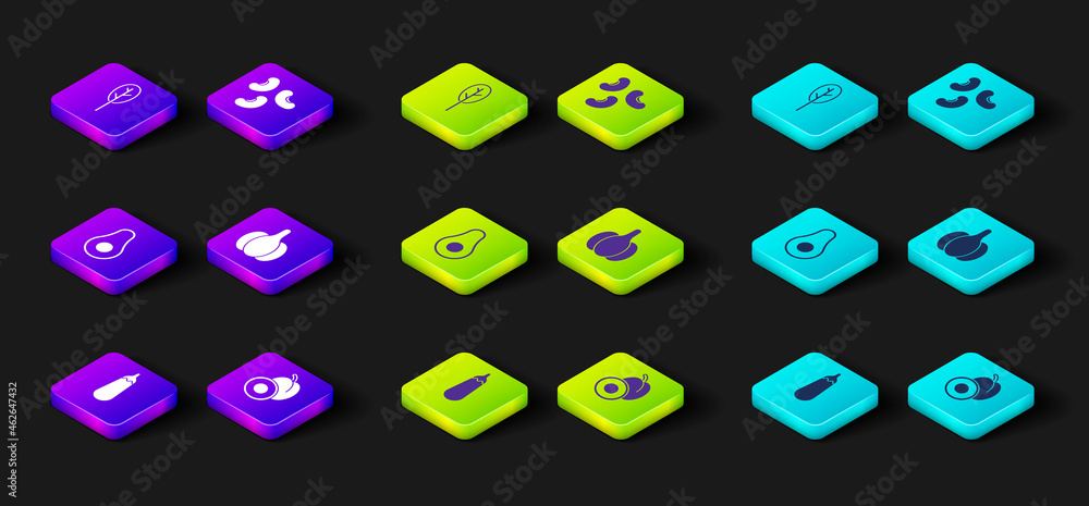 Set Eggplant, Plum fruit, Avocado, Garlic, Beans and Spinach icon. Vector Set Eggplant, Plum fruit, Avocado, Garlic, Beans and Spinach icon. Vector