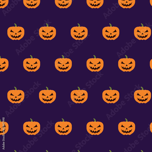 Background pattern for Halloween season. Purple background, and pumpkin of bright orange color in horizontal row brick pattern. 