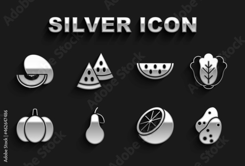 Set Pear, Cabbage, Potato, Orange fruit, Pumpkin, Watermelon, Melon and icon. Vector