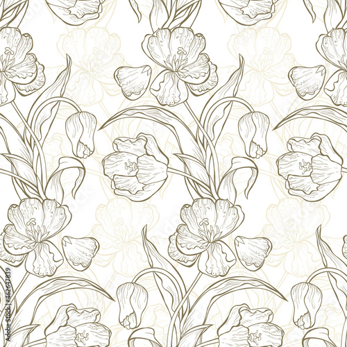 Seamless vintage pattern hand-drawn tulips on a white background. Spring flowers vector illustration. Floral ornament of doodle tulips in zentangle style.