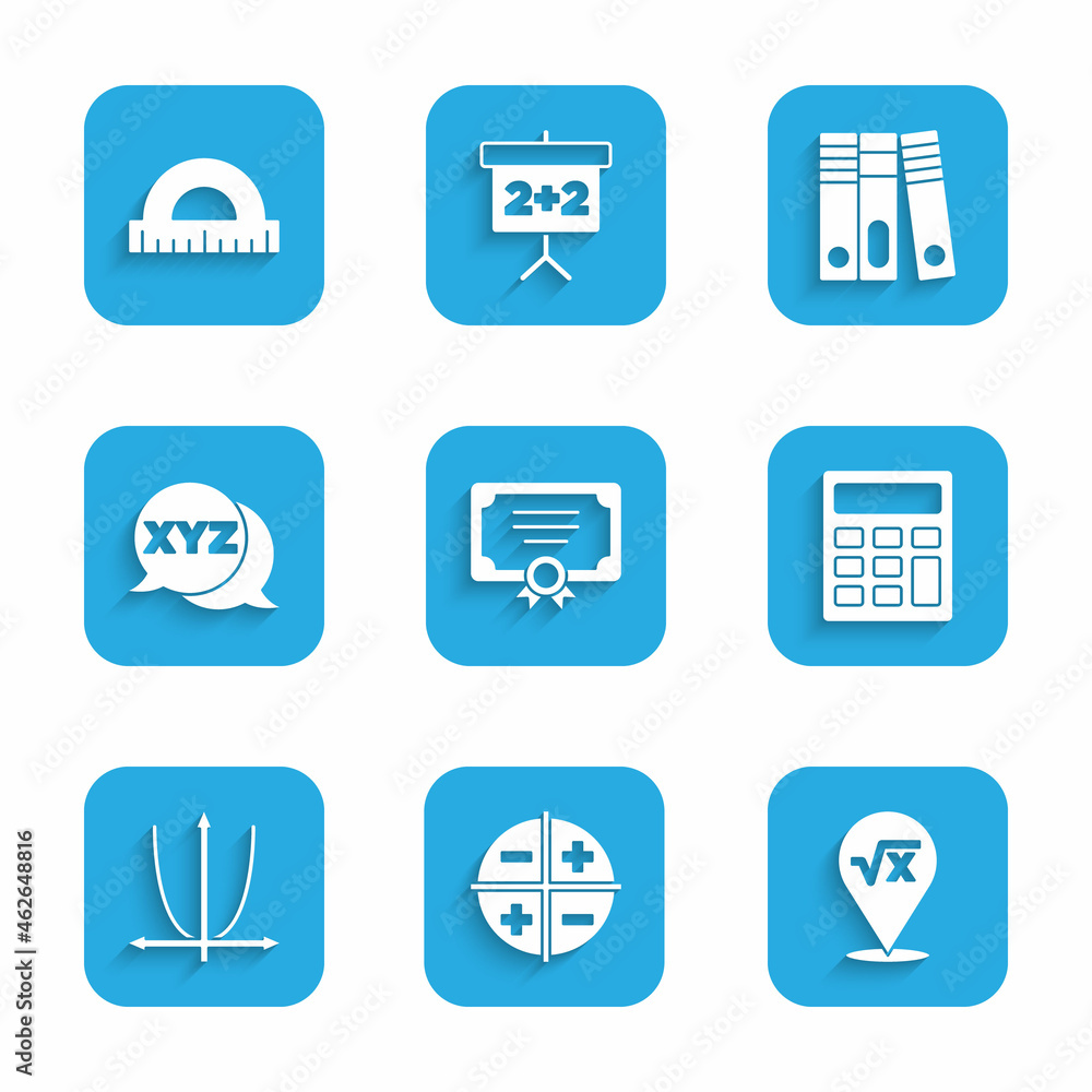 Set Certificate template, XYZ Coordinate system, Square root of x glyph, Calculator, Graph, schedule, chart, diagram, Office folders and Protractor icon. Vector Set Certificate template, XYZ Coordinate system, Square root of x glyph, Calculator, Graph, schedule, chart, diagram, Office folders and Protractor icon. Vector