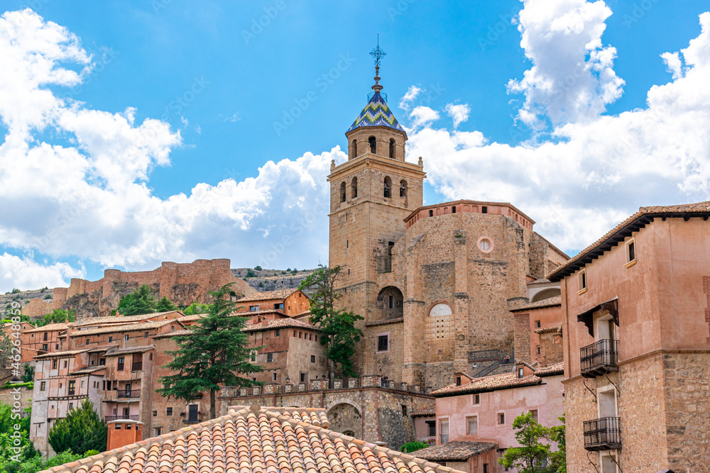 Cathedral and ancient castle in the medieval town of Albarracin in the province of Teruel in Aragon, Spain.