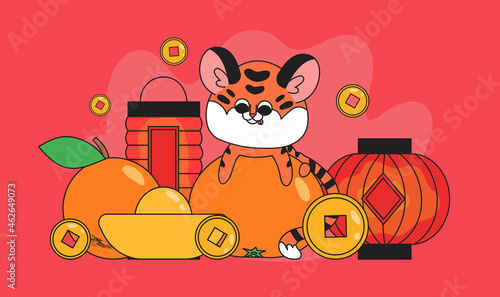 Cute tiger on cumquat with traditional chinese new year decorations such as paper red lantern, gold ingot and coins on red background. Vector illustration for greeting post card, holiday banner.