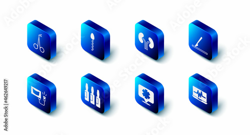 Set Sperm, Human kidneys, Medical surgery scalpel, Laptop with cardiogram, symbol of the Emergency, vial, ampoule, Ultrasound and scissors icon. Vector