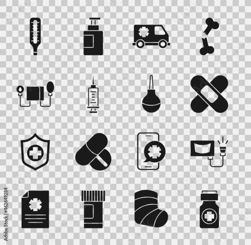Set Medicine bottle and pills, Ultrasound, Crossed bandage plaster, Emergency car, Syringe, Blood pressure, Medical thermometer and Enema icon. Vector