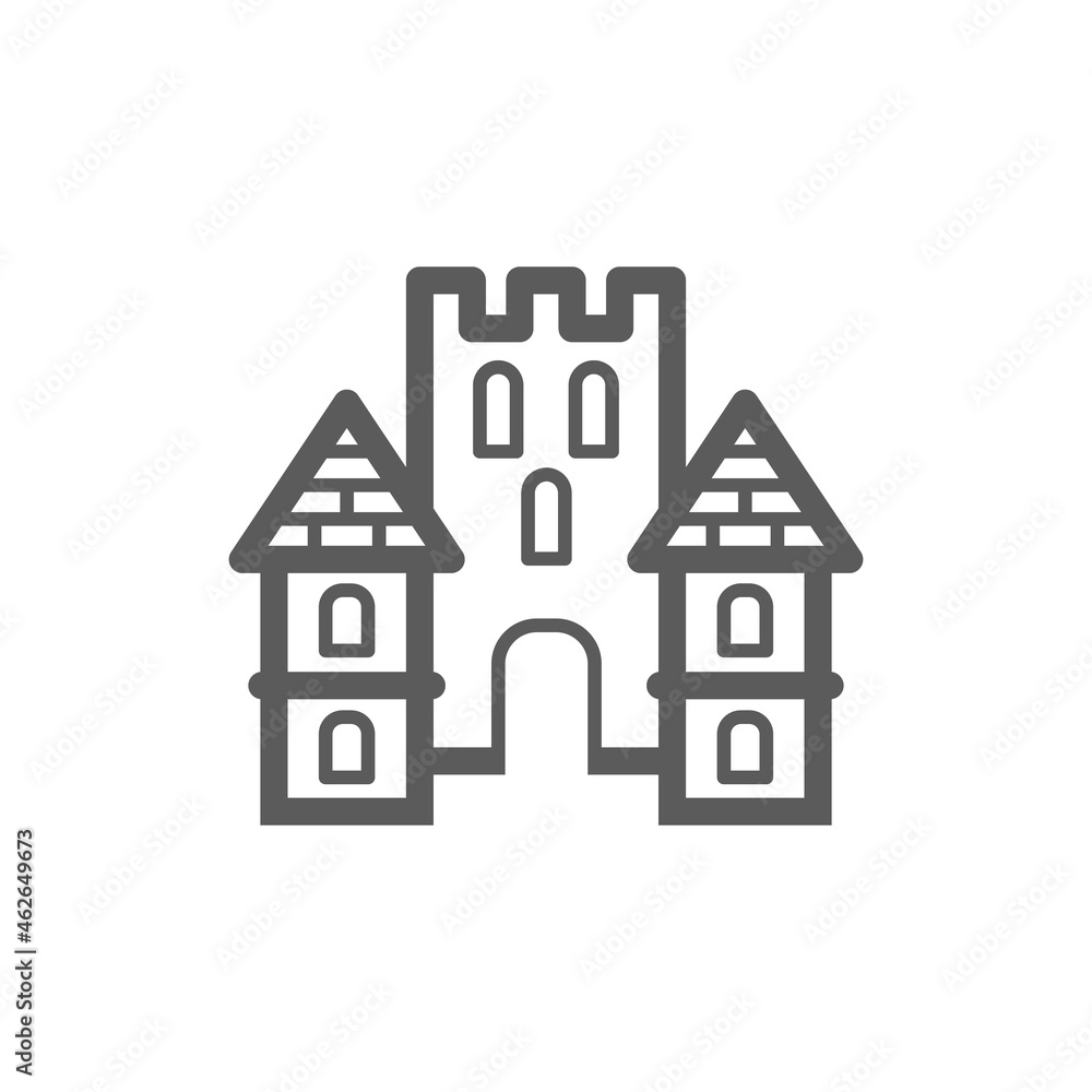 Vector linear castle with tower icon. Isolated emblem with a palace on a white background. Outline sign for web Vector linear castle with tower icon. Isolated emblem with a palace on a white background. Outline sign for web