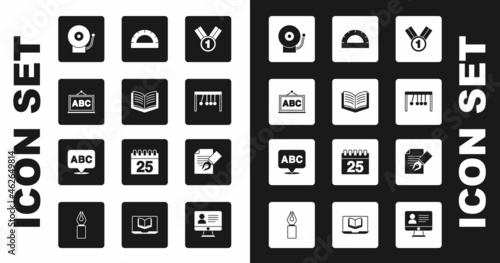 Set Medal, Open book, Chalkboard, Ringing alarm bell, Pendulum, Protractor grid, Exam sheet and pencil and Alphabet icon. Vector