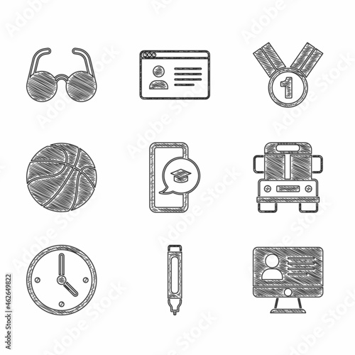 Set Graduation cap on mobile, Marker pen, Online class, School Bus, Clock, Basketball ball, Medal and Glasses icon. Vector