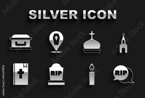 Set Tombstone with RIP written, Church building, Speech bubble rip death, Burning candle, Holy bible book, tower, Coffin cross and icon. Vector