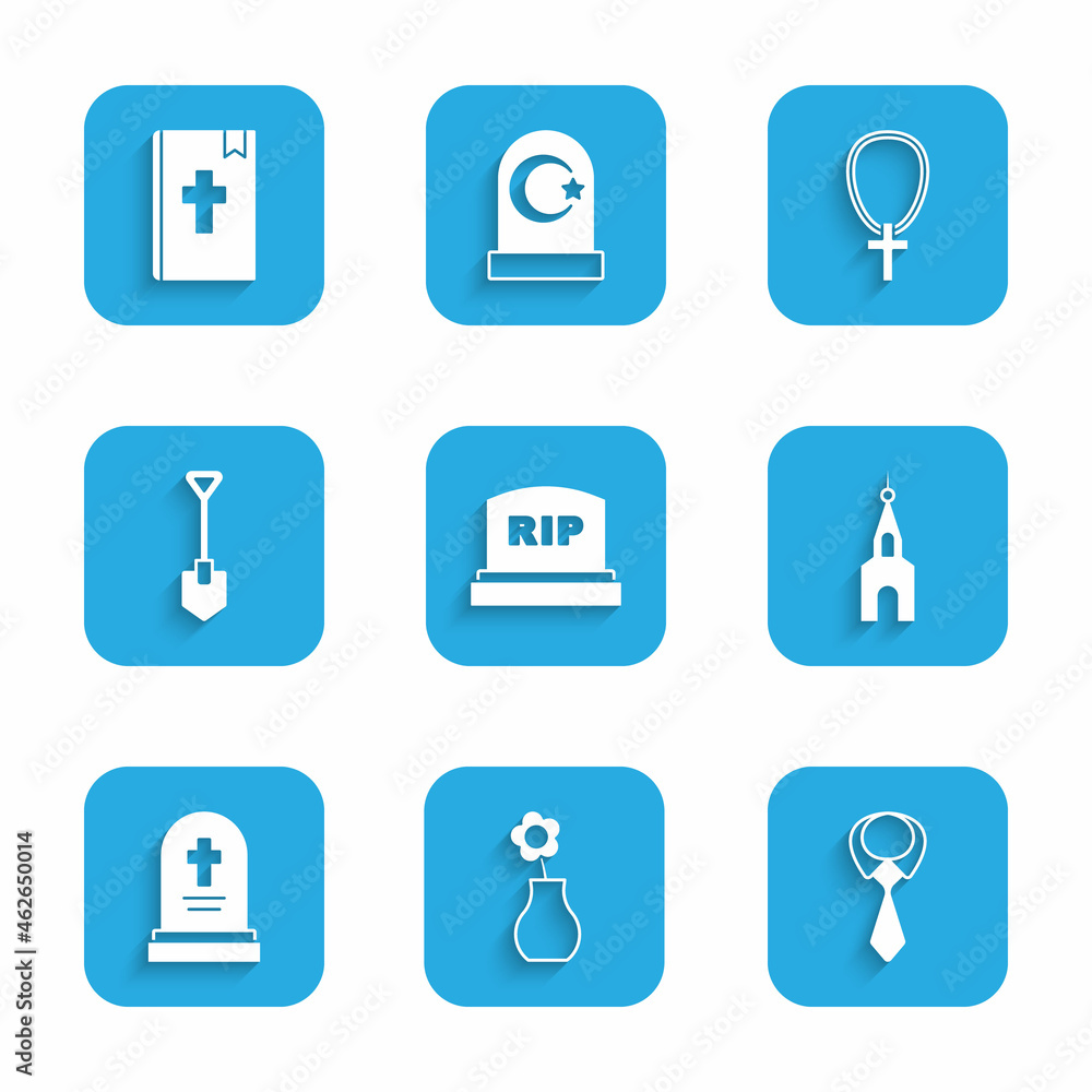 Set Tombstone with RIP written, Flower in vase, Tie, Church building, Grave tombstone, Shovel, Christian cross chain and Holy bible book icon. Vector Set Tombstone with RIP written, Flower in vase, Tie, Church building, Grave tombstone, Shovel, Christian cross chain and Holy bible book icon. Vector
