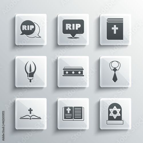 Set Holy bible book, Grave with star of david, Tie, Coffin cross, Lily flower, Speech bubble rip death and icon. Vector