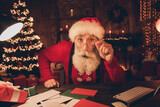 Photo of aged santa claus amazed shocked omg wow hand touch eyeglasses workshop eve time midnight miracle indoors