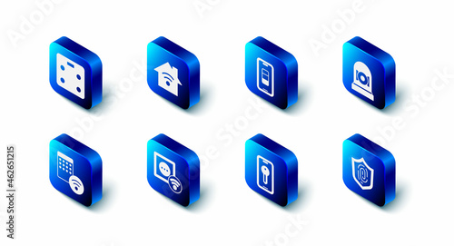 Set Smart home with wi-fi, Smartphone battery charge, Ringing alarm bell, Fingerprint, key, electrical outlet, Air humidifier and bathroom scales icon. Vector