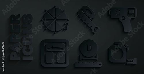 Set Diameter, Digital thermometer, Bathroom scales, Roulette construction, Measuring tape and Circle of pieces icon. Vector