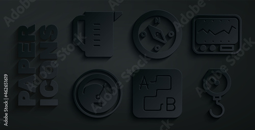 Set Route location, Measuring instrument, Speedometer, Hand scale spring mechanical, Compass and cup icon. Vector
