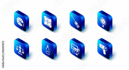 Set Area measurement, Laser distance measurer, Pressure water meter, Digital thermometer, Multimeter, voltmeter, Drawing compass, Scales of justice and Circle pieces icon. Vector