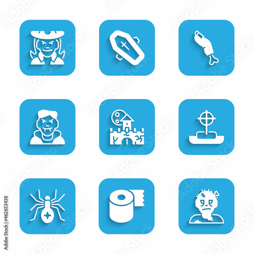 Set Castle, fortress, Toilet paper roll, Zombie mask, Tombstone with cross, Spider, Vampire, finger and Witch icon. Vector