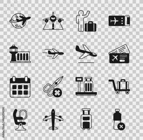 Set No water bottle, Trolley baggage, Airline ticket, Tourist with suitcase, Plane, Airport control tower, Globe flying plane and landing icon. Vector