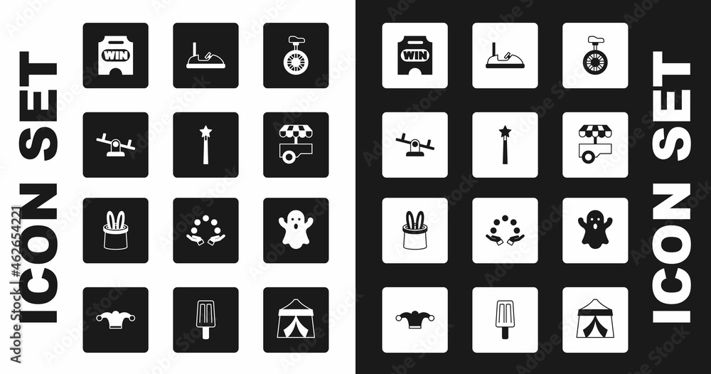 Set Unicycle or one wheel bicycle, Magic wand, Seesaw, Circus ticket, Fast street food cart, Bumper, Ghost and Magician hat rabbit ears icon. Vector Set Unicycle or one wheel bicycle, Magic wand, Seesaw, Circus ticket, Fast street food cart, Bumper, Ghost and Magician hat rabbit ears icon. Vector