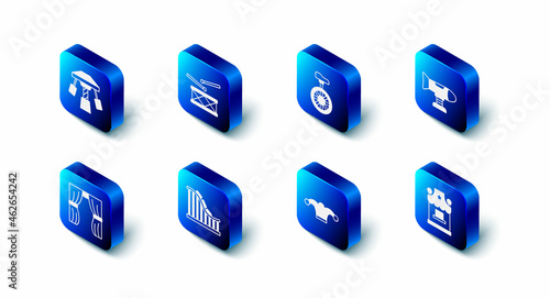 Set Drum with drum sticks, Unicycle or one wheel bicycle, Swing plane, Ticket box office, Jester hat bells, Roller coaster, Circus curtain raises and Attraction carousel icon. Vector