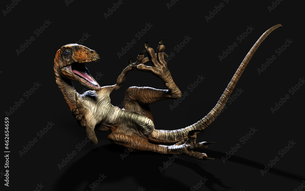 Fototapeta premium 3d Illustration pose of deinonychus antirrhopus the most iconic and representative dinosaurs on dark background with clipping path. dinosaurs concept.