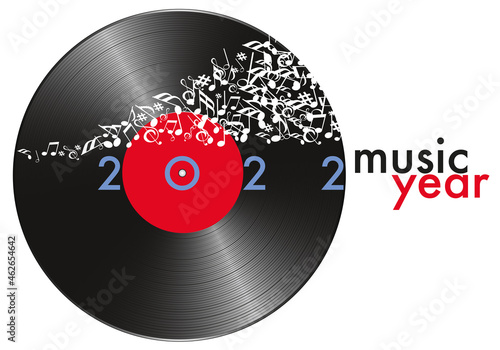 Carte de vœux pour l’année 2022 sur le concept de la musique, avec pour symbole un disque vinyle et une banderole de note qui s’envolent.