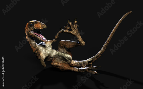 3d Illustration pose of deinonychus antirrhopus the most iconic and representative dinosaurs on dark background with clipping path. dinosaurs concept.