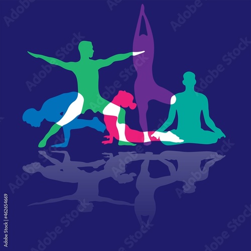 Silhouette of various yoga poses with reflection on the ground. Beautiful colorful vector illustration for yoga classes promo material, poster, website.