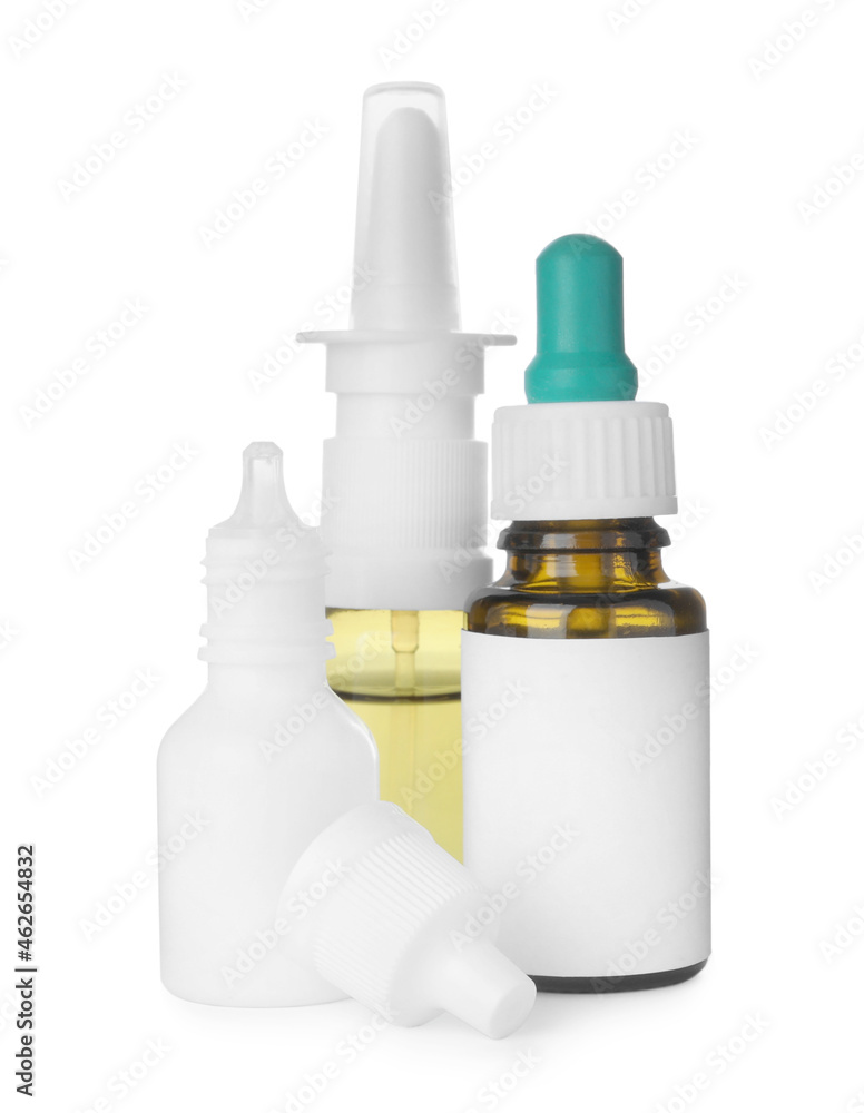 Many different nasal sprays on white background Many different nasal sprays on white background