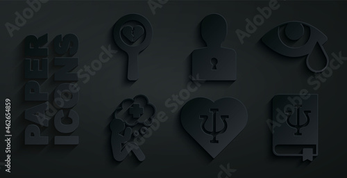 Set Psychology, Psi, Tear cry eye, Helping hand, book,, Solution to the problem and Broken heart or divorce icon. Vector