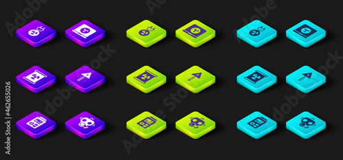 Set Dosimeter, Gas mask, Radioactive waste in barrel, High voltage sign, Nuclear laptop and Radiation electrical plug icon. Vector