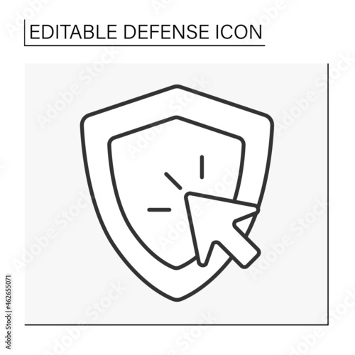  Shield line icon. Cursor click on protection shield. Data secure.Defense concept. Isolated vector illustration. Editable stroke