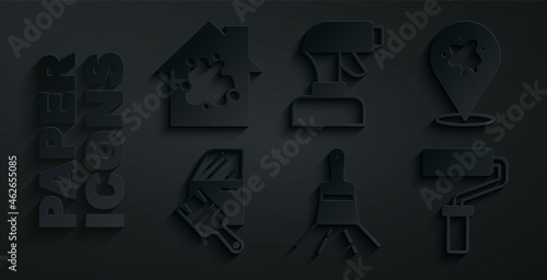 Set Paint brush, spray, Car painting, roller, gun and Painting the house icon. Vector