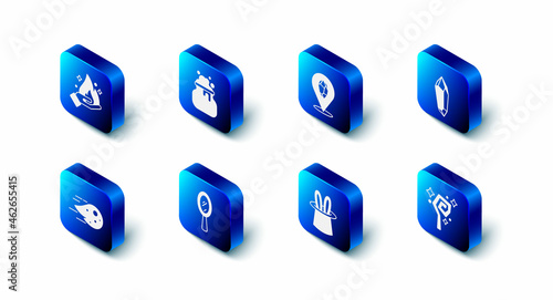 Set Witch cauldron, Magic stone, staff, Magician hat and rabbit ears, hand mirror, Fireball and Hand holding fire icon. Vector